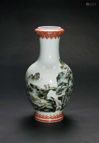 1955-A Beautiful ‘Figure And Lanscrpe’ Garlic Mouth Vase