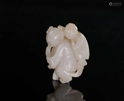 Qing-A Russet White Jade Carved Mother And Boy