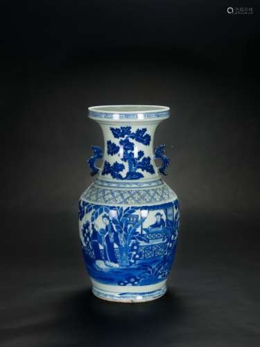 Qing 19th Century-A Blue And White ‘Figure’ Double Handle Vase