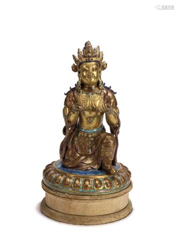Qing-A Gilt-Glaze Enamelled Figure Of Kneel Bodhisatta with Origial Silk Mounted Woodstand