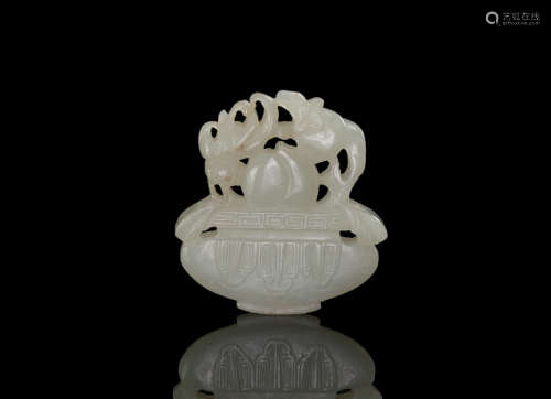 Qing- A White Jade Carved Fu,Shou Basket