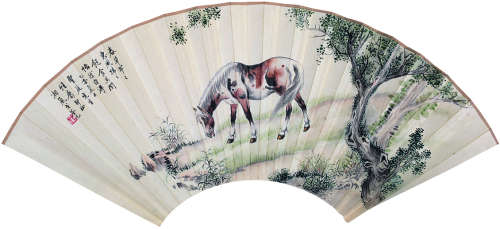 戈湘岚（1904～1964） 乙亥（1935年）作 柳荫散牧 扇面 设色纸本