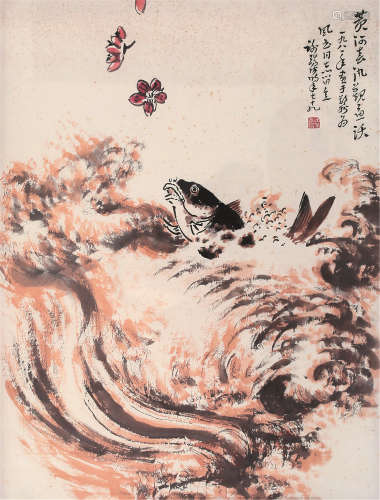 谢瑞阶（1902～2000） 1981年作 黄河春汛观鱼跃 镜框 设色纸本