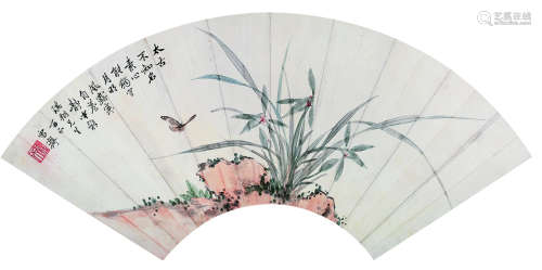 溥伒（1893～1966） 花蝶图 扇面 设色纸本