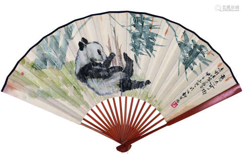 柳昔卿  黄宣成 甲子（1984年）作 熊猫 成扇 设色纸本