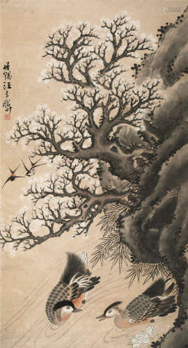 汪吉麟（1869～1960） 桃花鸳鸯 镜心 设色纸本