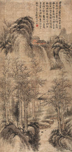 陆恢（1851～1920） 己酉（1909年）作 秋山萧寺 镜心 设色绢本
