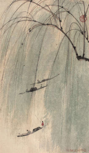傅抱石（1904～1965） 春柳泛舟图 立轴 设色纸本