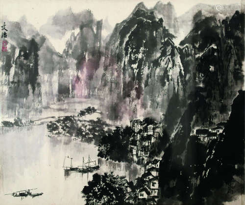 宋文治（1919～1999） 峡江帆影 镜框 水墨纸本