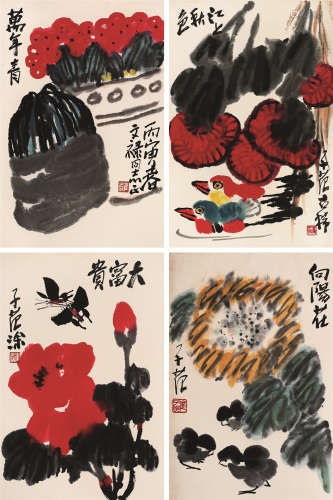 崔子范（1915～2011） 丙寅（1986年）作 花卉 （四帧） 镜心 设色纸本