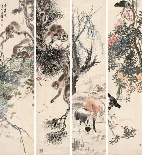 金梦石（1869～1952） 动物四屏 立轴 设色纸本