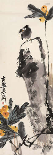 梁崎（1909～1996） 芭蕉小鸟 立轴 设色纸本