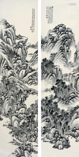 何维朴（1842～1922） 山水对屏 立轴 水墨纸本