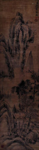 张瑞图（1570～1644） 桐荫茅屋 立轴 水墨绫本