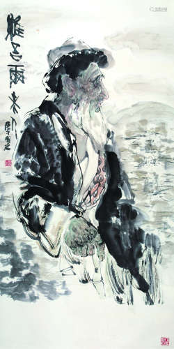 梁岩（b.1943） 庚午（1990年）作 维吾尔老人 立轴 设色纸本