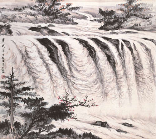 黄君璧（1898～1991） 丙戌（1946年）作 飞瀑图 立轴 设色纸本