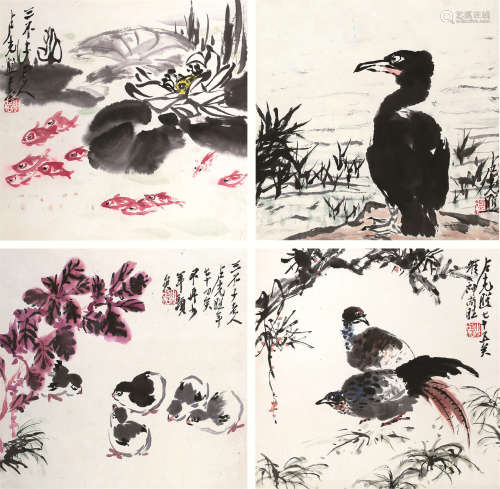 卢光照（1914～2001） 1989年作 花鸟 （四帧） 立轴 设色纸本