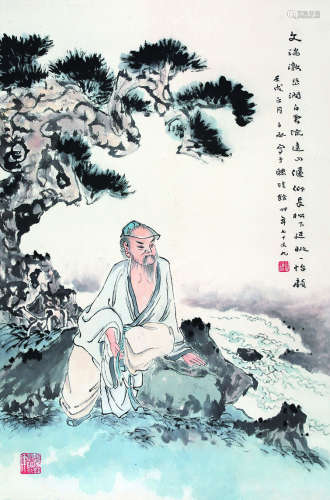 沈子丞（1904～1996） 壬戌（1982年）作 松荫听泉 立轴 设色纸本