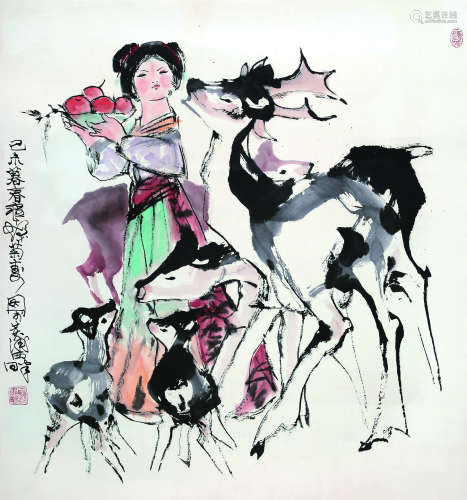 程十发（1921～2007） 己未（1979年）作 少女与鹿 镜心 设色纸本