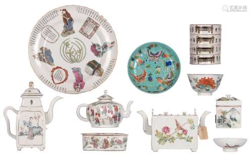 Various Chinese polychrome and famille rose decorated porcelain items, some marked, 18th, 19th and 20thC, H 4,5 - 18 - ø 9 - 23,5 cm