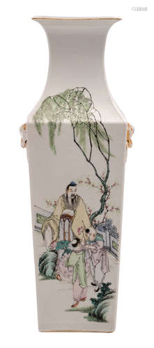 A Chinese polychrome decorated quadrangular vase with figures in a mountainous river landscape, an animated scene and calligraphic texts, H 58 cm