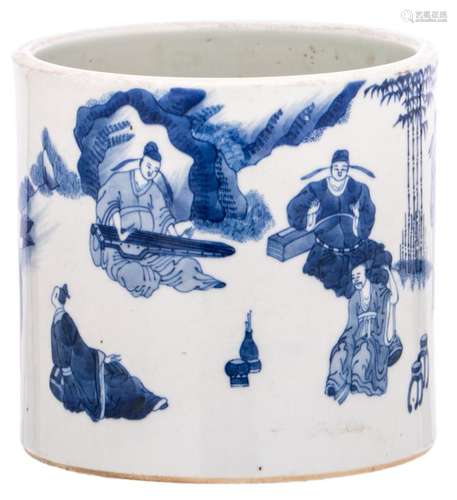 A Chinese blue and white overall decorated brush pot with figures in a landscape, H 18,5 - ø 19,5 cm