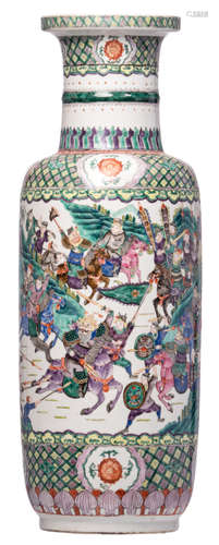 A Chinese polychrome and famille rose rouleau shaped vase, overall decorated with a battle scene, H 63,5 cm