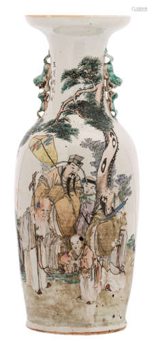 A Chinese polychrome decorated vase with Immortals in a landscape and calligraphic texts, H 61 cm