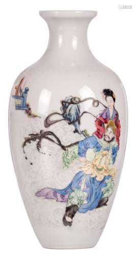 A Chinese polychrome decorated vase with two figures, marked, H 22 cm