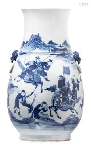 A Chinese overall blue and white decorated vase with a hunting scene, H 46,5 cm