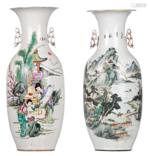 Two Chinese polychrome decorated vases, one side with a gallant garden scene and one vase with figures in a mountainous river landscape, both vases with calligraphic texts, H 58,5 cm