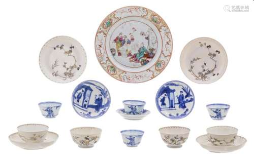 A various Chinese cups and saucers, ink and gilt and blue and white decorated, 18thC; added a ditto famille rose dish with literati, H 4 - 4,5 - ø 7 - 23 cm