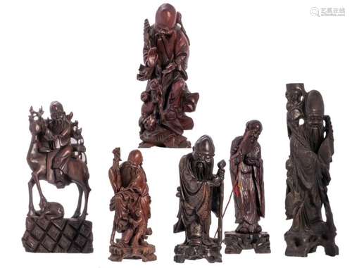 Six Chinese carved hardwood figures depicting Shou Xing, two with copper inlay, 19th and 20thC, H 34 - 54,5 cm