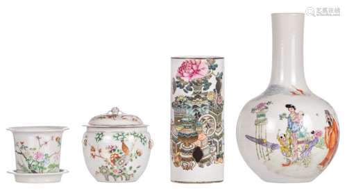 A Chinese famille rose decorated bottle vase, a pot and cover, a jardiniere with matching plate and a hat stand with an animated scene, flower branches and calligraphic texts, marked, H 12,5 - 38,5 cm