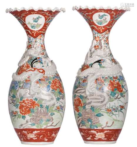 A pair of Japanese Meiji period dragon relief and kakiemon decorated vases, H 60 cm