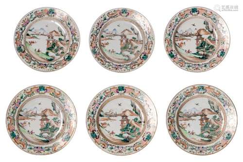 Six Chinese export porcelain famille rose and gilt decorated dishes with figures in a landscape, 18thC, ø 23 cm