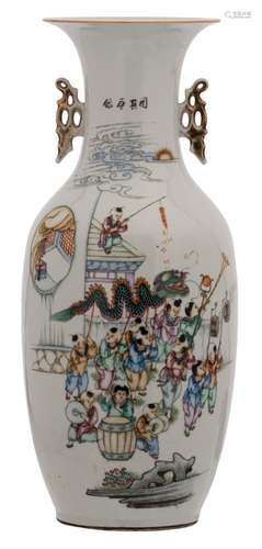 A Chinese polychrome decorated vase with children in a dragon cortege and calligraphic texts, H 58 cm