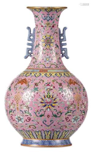 A Chinese pink ground famille rose bottle vase, floral decorated with bats and auspicious symbols, Daoguang marked, H 29 cm