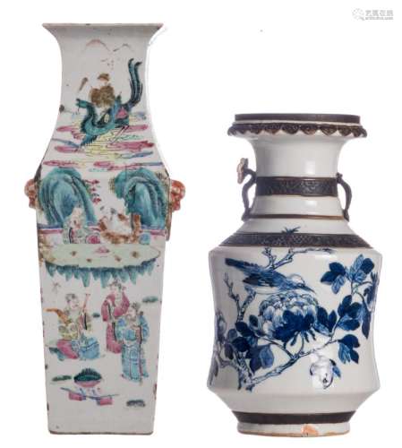 A Chinese famille rose quadrangular vase, overall decorated with Immortals, 19thC; added a Chinese blue and white decorated stoneware vase with a bird on a flower branch, marked, H 36 - 45,5 cm