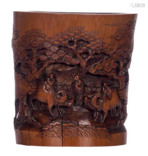 A Chinese carved bamboo brushpot with figures and water buffalos in a landscape, H 16 cm