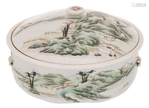 A Chinese polychrome decorated bowl and cover with a mountainous river landscape and a calligraphic text, H 13,5 - ø 26 cm