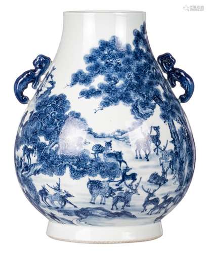 A Chinese blue and white 'hundred dear' decorated Hu vase, H 47 cm