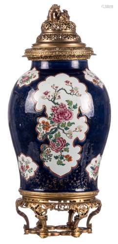 A fine Chinese bleu poudré famille rose vase and cover, gilt and floral decorated, with gilt bronze mounts, 18thC, Qianlong, H 80 cm