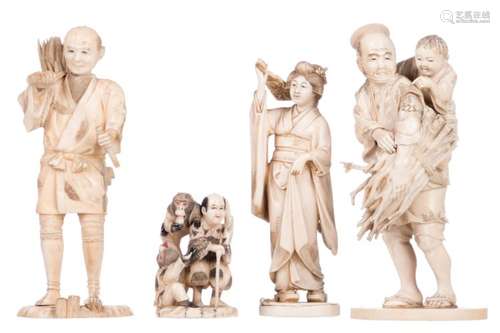 Four Japanese ivory okimono with tinted engraving, depicting a man with a child and a bunch of deadwood, H 18,8 cm - Weight: 426g; a man with a bunch of deadwood, H 17,7 cm - Weight: 285g; a lady, H 15,8 cm - Weight: 207g and a streetperformer with monkeys, H 7,7 - Weight: 96g, all items Meiji period