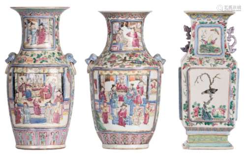 Two Chinese famille rose floral decorated vases, the roundels with court and warrior scenes, 19thC; added a ditto quadrangular vase, the roundels with birds, insects and flower branches, H 35,5 cm