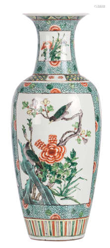 A Chinese famille verte baluster shaped vase, floral decorated, the roundels with birds and flower branches, H 60 cm