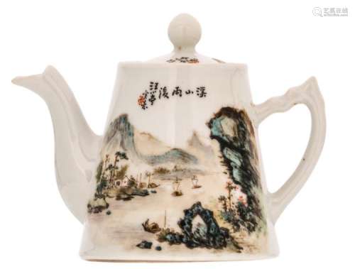 A Chinese polychrome decorated teapot and cover with a mountainous river landscape and calligraphic texts, H 11 - W 15,5 cm