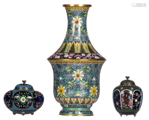 A Chinese floral decorated cloisonné enamel decorative vase and two ditto pots and covers, H 10 - 35 cm