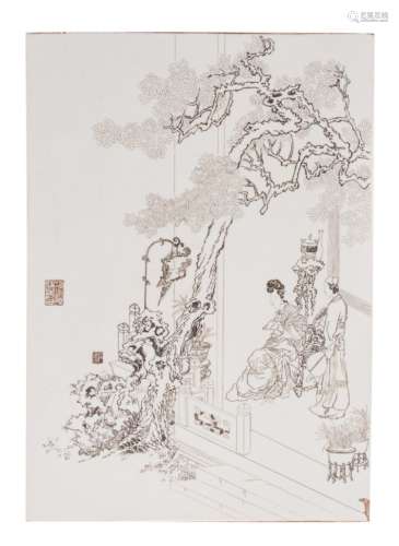 A Chinese incised and Indian ink colored plaque depicting a concubine and her servant on a terrace, marked, H 50,5 - W 36 cm