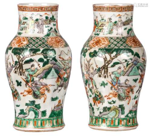 Two Chinese famille verte begonia shaped vases, overall decorated with a warrior scene, 19thC, H 35,5 cm
